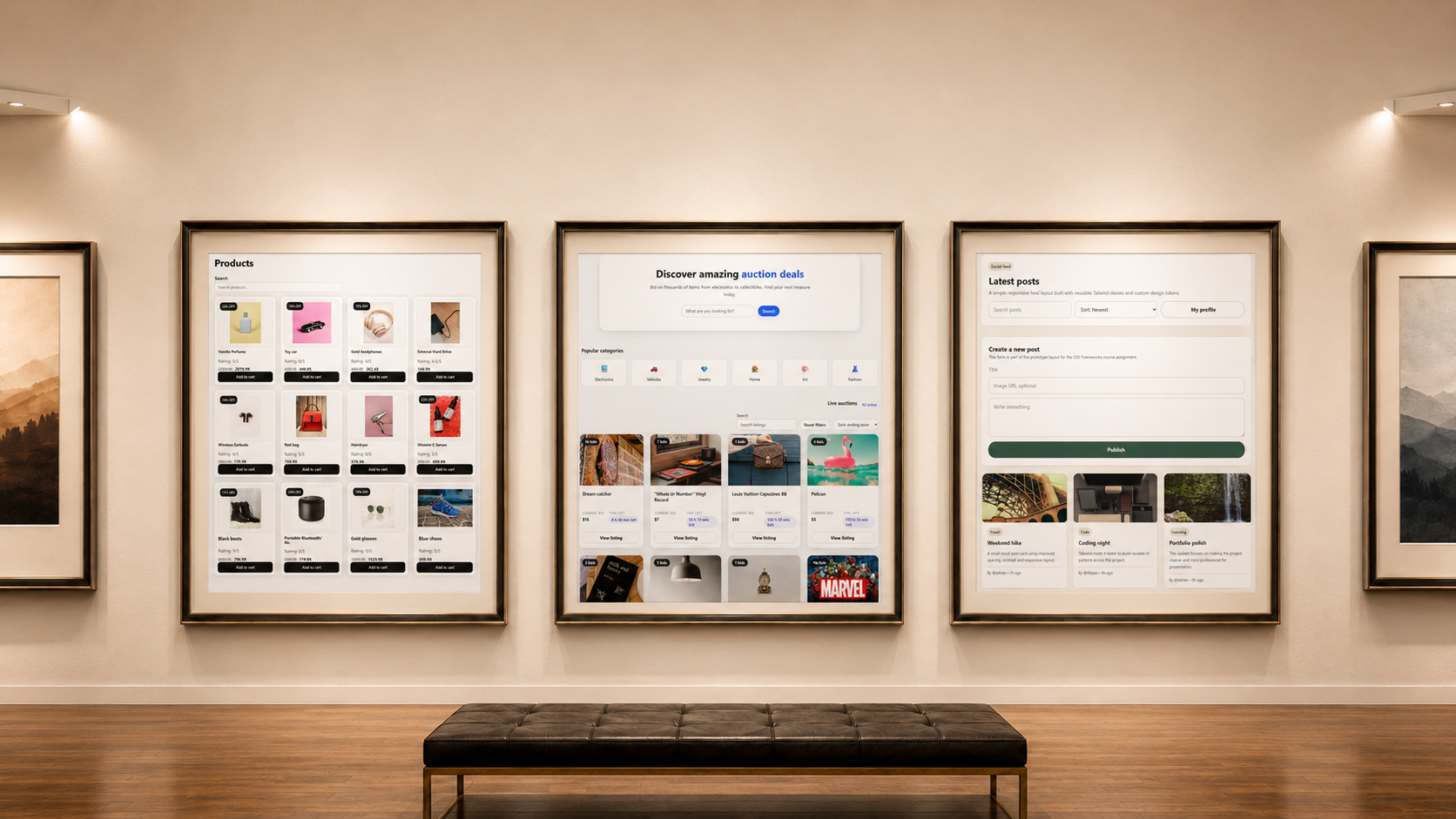 Adrian's Frontend Gallery with three framed project screenshots